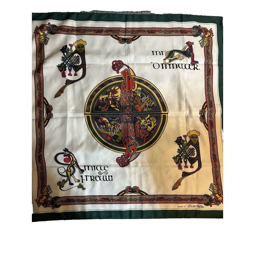 Book Of Kells Scarf Red Green Ivory New Testament Celtic Gospel Square 27 Inch